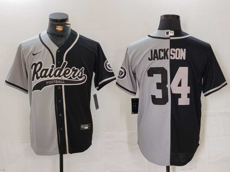 Mens Las Vegas Raiders #34 Bo Jackson Grey Black Split Cool Base Stitched Baseball Jersey